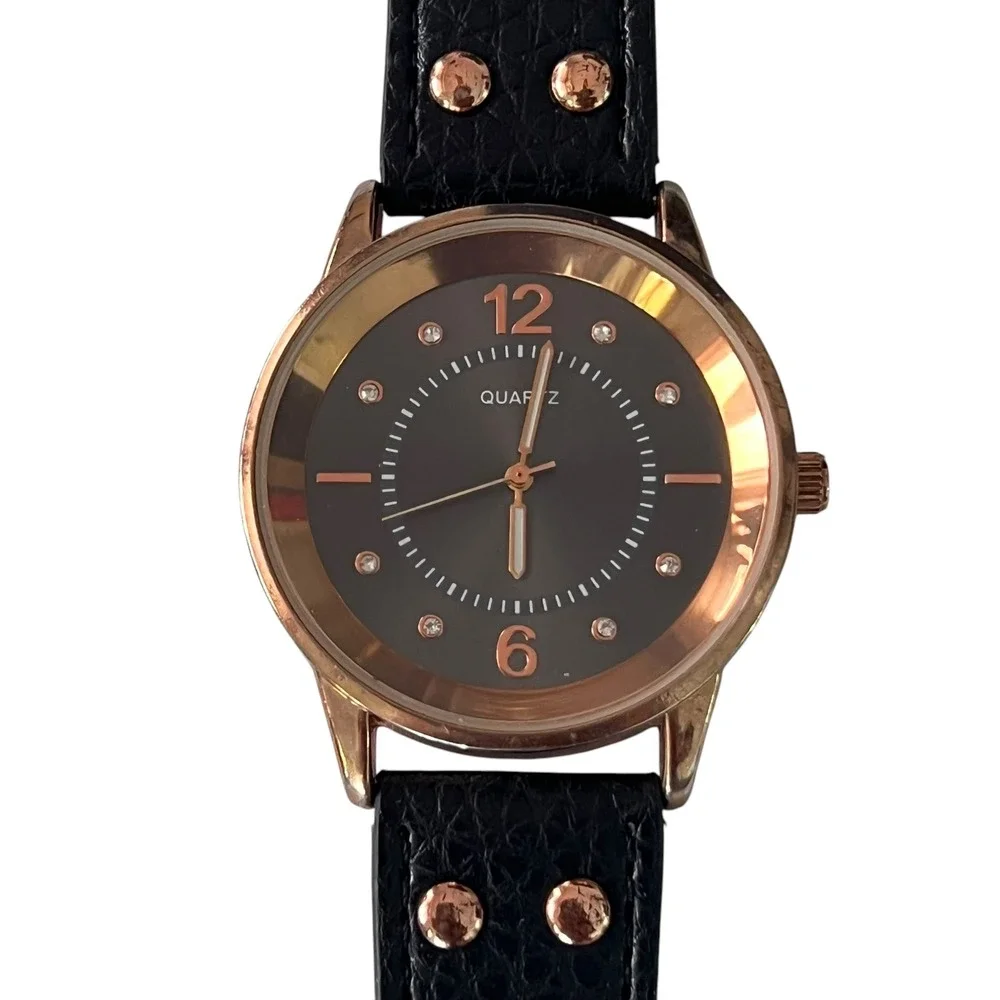 Quartz Watch Rhinestone Accent Markers Black Band Rose Gold Tone‎ Bezel